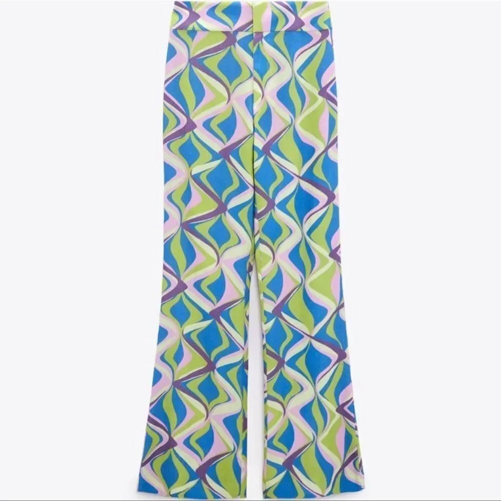 Zara linen blend printed flared pants NWT